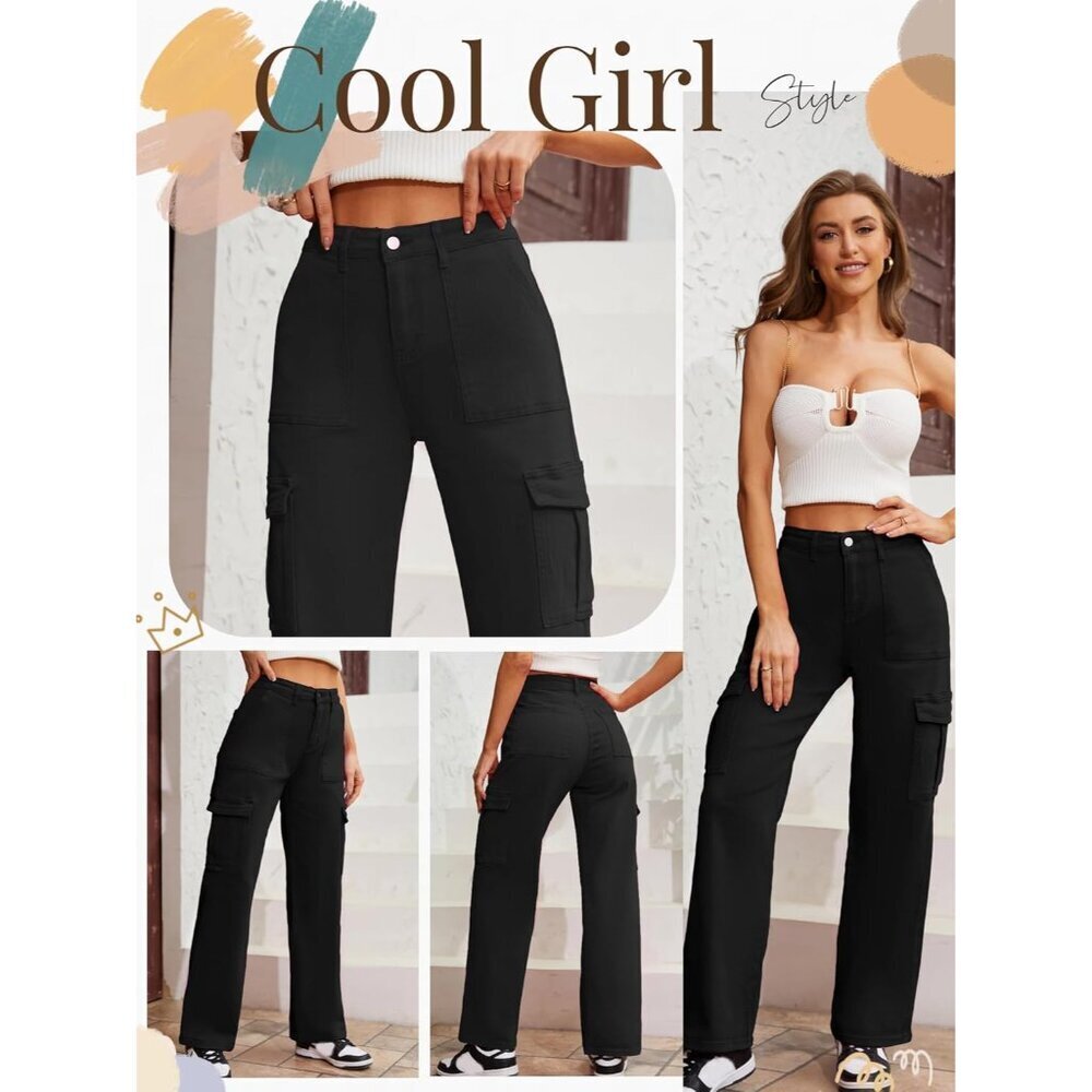 High Waist Cargo Pants Women Cotton Spandex Relaxed Fit Pockets Wide Leg - Picture 2 of 5